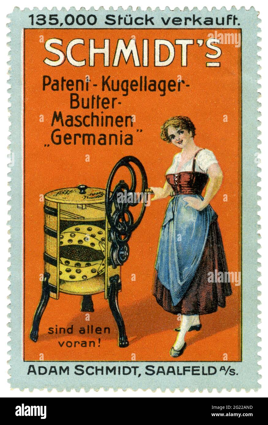 Werbung, Schmidt's Patent-Kugellager-Butter-Maschinen Germania, Plakatstempel, ZUSÄTZLICHE-RIGHTS-CLEARANCE-INFO-NOT-AVAILABLE Stockfoto