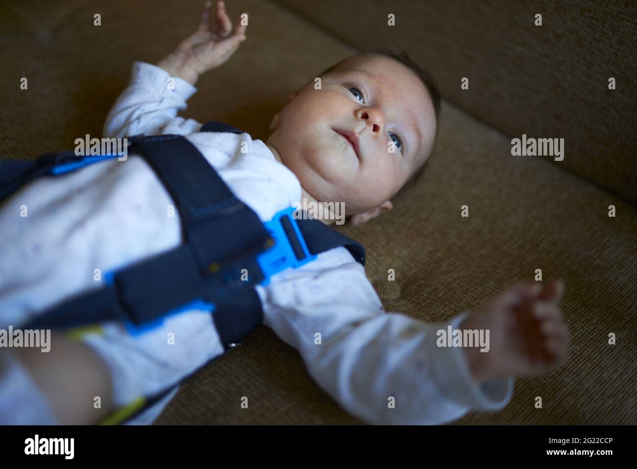 Baby liegt auf dem Rücken mit Pavlik Geschirr Stockfoto