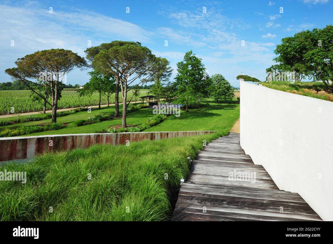 FRANKREICH. NOUVELLE-AQUITAINE. GIRONDE (33). SAINT-EMILION. CHATEAU CHEVAL BLANC. DAS GRÜNE DACH DES WEINGUTS WURDE 2011 VOM ARCHITEKTEN CHRISTIAN D ERBAUT Stockfoto