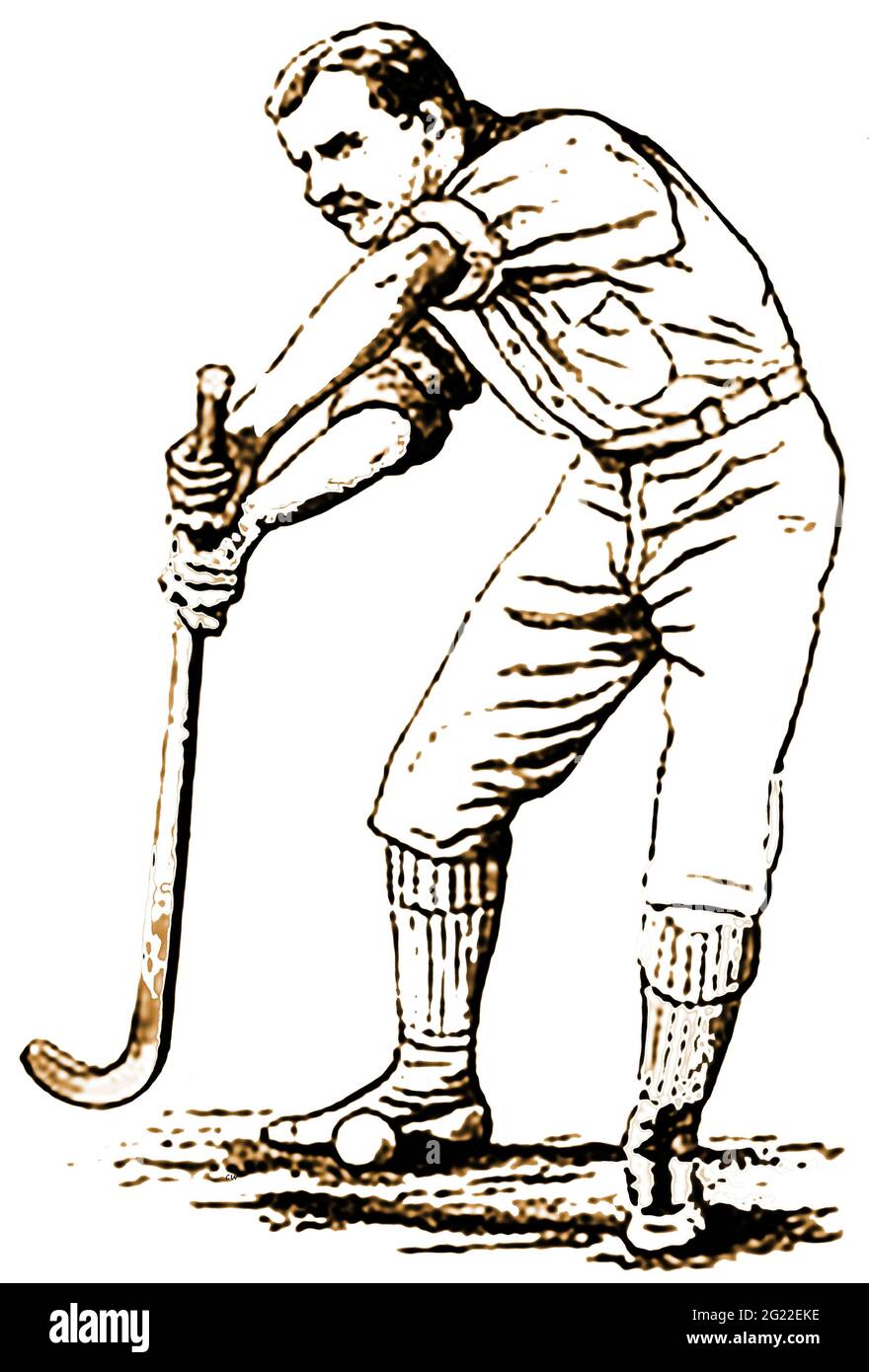 Eine viktorianische Illustration aus dem Jahr 1891, die zeigt, dass ein Hockeyspieler ANHÄLT, eine Bewegung, die es dem Spieler ermöglicht, schnell die Richtung zu wechseln und mit dem Spiel Schritt zu halten. Der Name stammt vermutlich vom französischen Wort „hoquet“, das „Hefherds crook“ bedeutet. Stockfoto