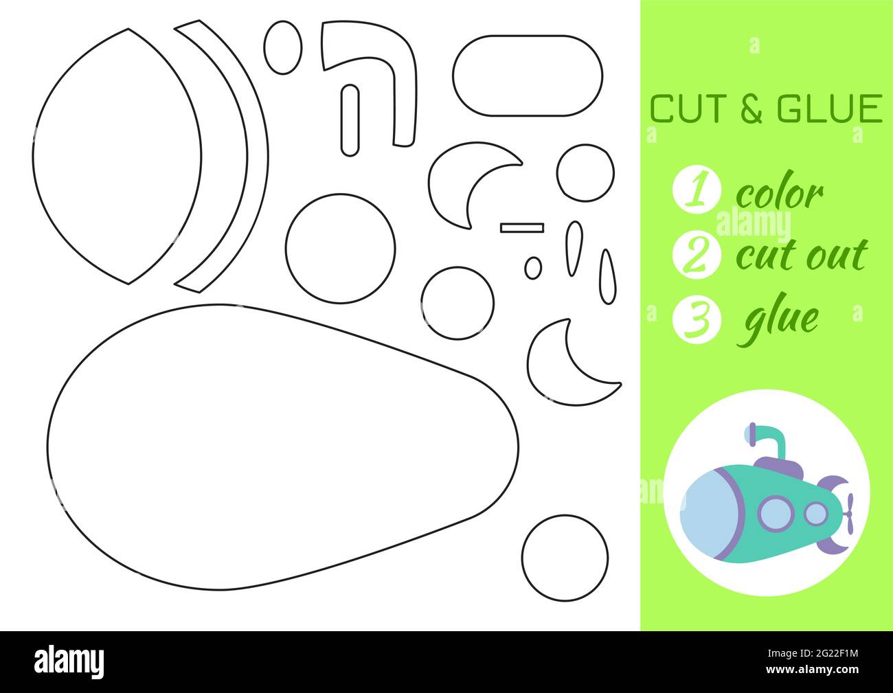 Farbe, Schnitt und Kleber Papier grün U-Boot. Seite „Craft Activity“ ausschneiden und einfügen. Pädagogisches Spiel für Kinder im Vorschulalter. DIY-Arbeitsblatt. Logikspiel für Kinder, Stock Vektor