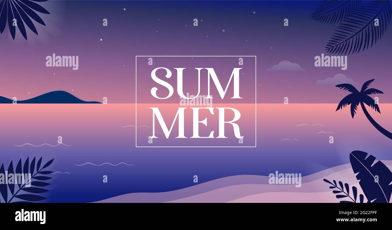 Sommerlicher Spaß Konzept Design. Kreativer Hintergrund von Landschaft, Nacht, Abendpanorama von Meer und Strand. Sommerverkauf, Post-Vorlage Stock Vektor