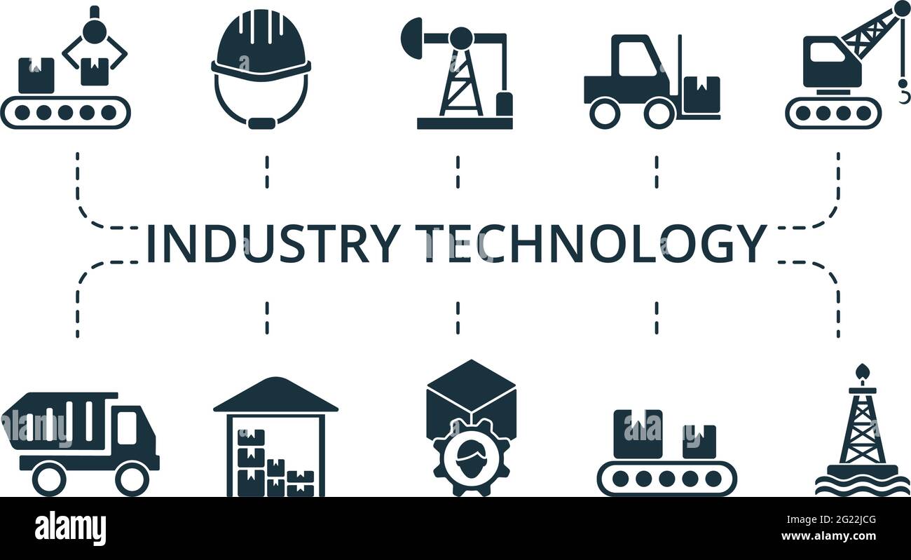 Symbolsatz für Industrietechnologie. Enthält editierbare Symbole Thema wie Bagger, Bauplan, Muldenkipper und mehr. Stock Vektor