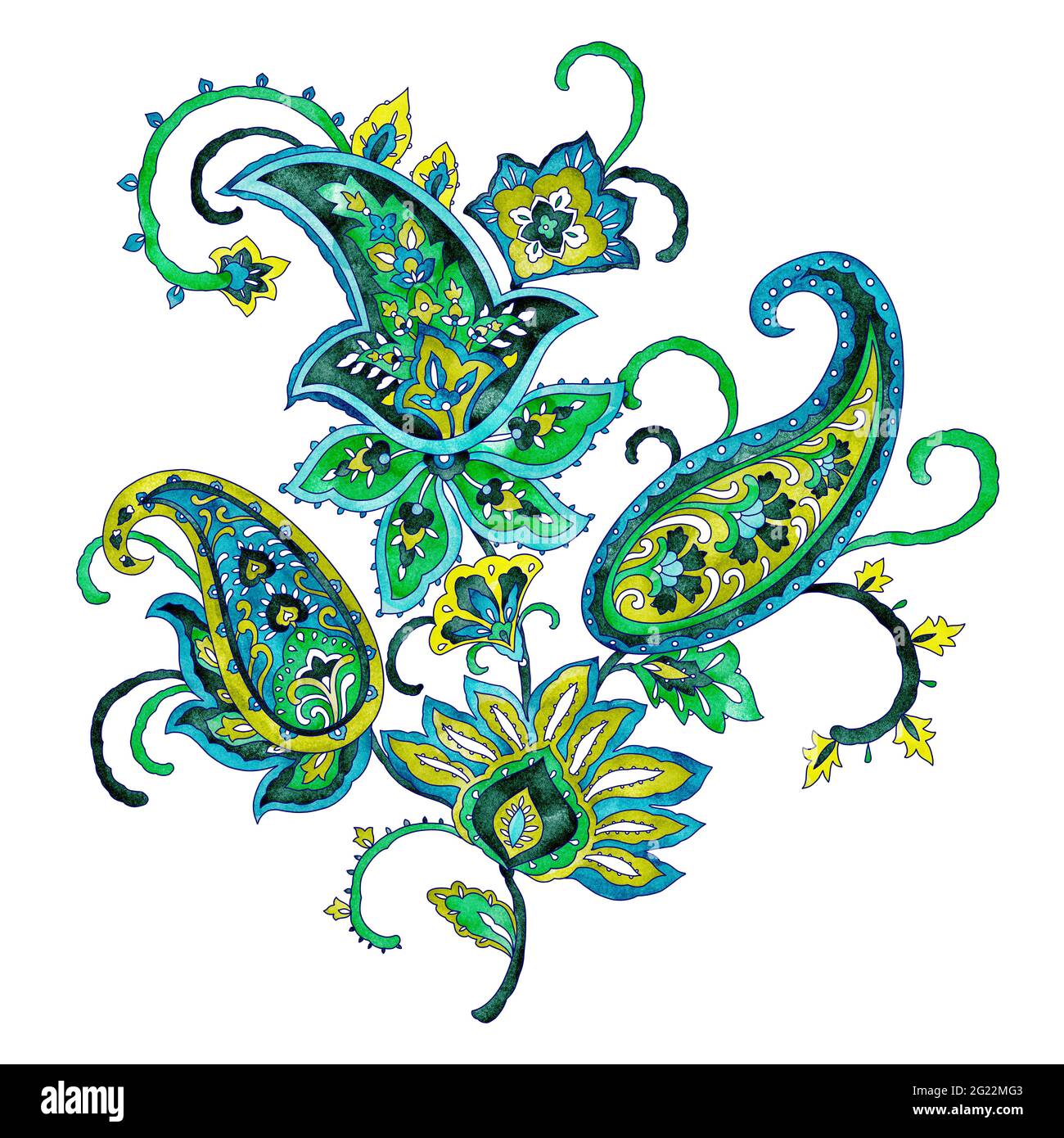 Kunstvolle, florale Paisley-Muster, handgezeichnete Aquarell-Designelemente im Vintage-Stil Stockfoto