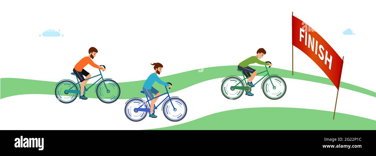 Wettbewerb der Radfahrer. Fahrrad-Sport-Rennen mit roter Flagge Ziel. Outdoor-Sportkonzept. Vektor im flachen Stil. Stock Vektor