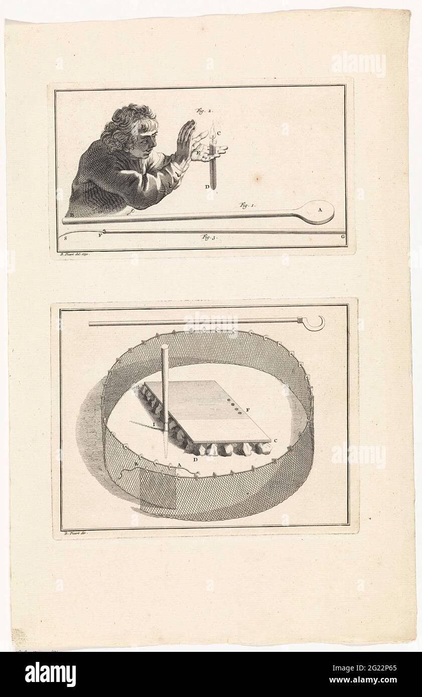 Mann mit einer Kerze und einer Konstruktion mit einem Netz. Zwei Aufführungen auf einem Blatt. Oben: Ein Mann mit einer Kerze in der Hand. Unten: Bau umgeben von einem Netz. Über einem Haken. Stockfoto