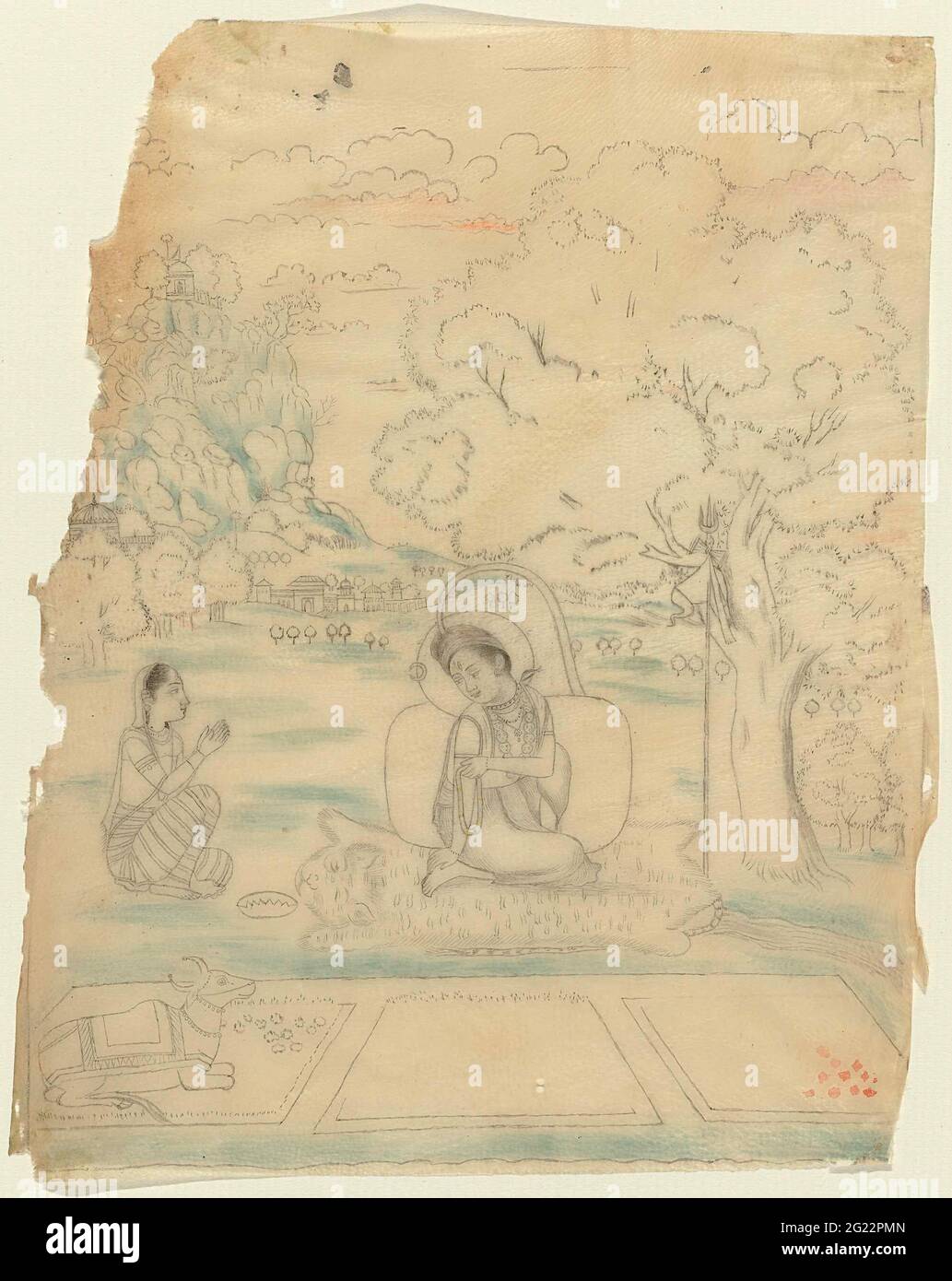 Bhairava ramini. Shiva sitzt auf einer Tigerhaut mit einer Gebetsschnur in seiner linken Hand. Er hat einen hellen Kranz hinter seinem Kopf mit einem Halbmond. Der Ganges-Fluss geht mit einem Bogen seines Kopfes zu Boden. Ein Schlauch windet sich um seinen Hals und eine Kette von Todesköpfen hängt von seinem Hals ab. Gegen einen Baum werden sein Dreizack mit Wimpel und Trommel bestätigt. Parvati sitzt neben ihm mit den Händen in Anbetung. Links im Vordergrund ist Shivas Rijdier, der Bull Nandi. Die Leistung wird auf eine transparente Tierfolie aufgetragen. Stockfoto