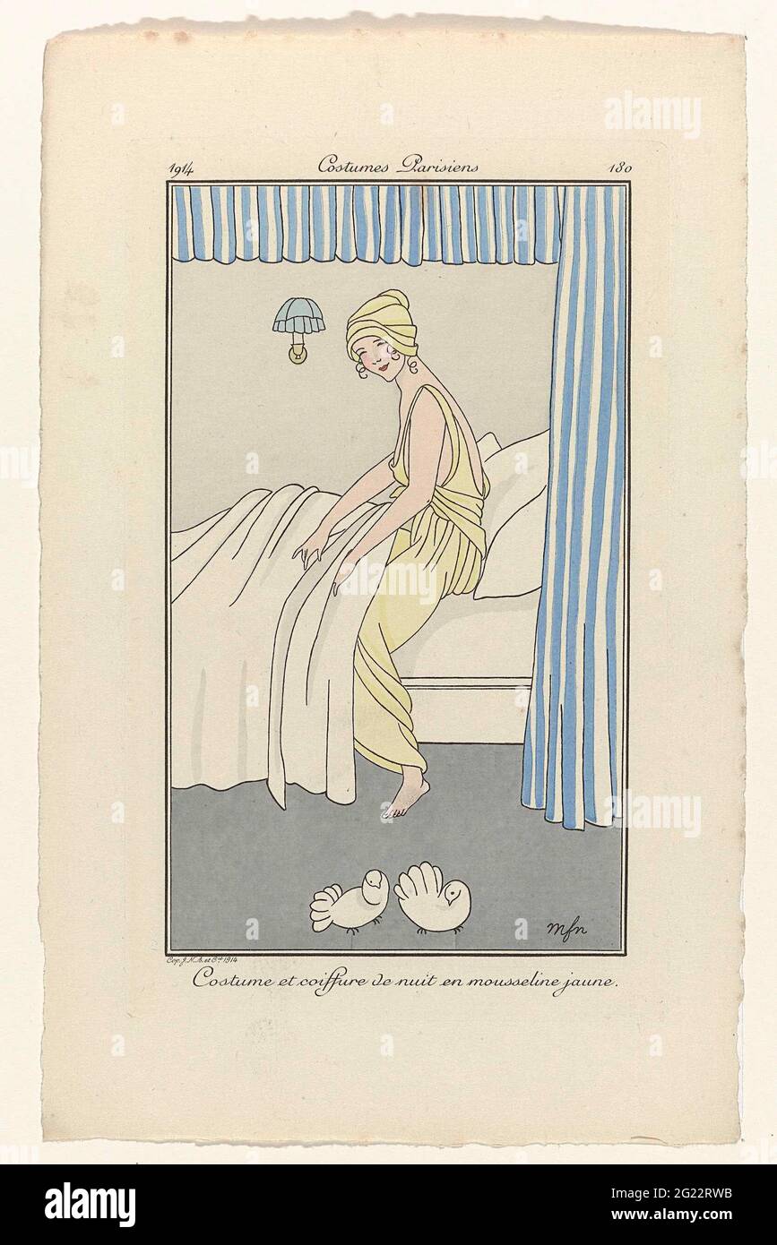 Damentagebuch und Modi, Pariser Kostüme, 1914, Nr. 180: Kostüm und Nachtfrisur (...). Nachtjapon in Slaapmuts van Gele Chiffon. Prat ITU HET WASTETIJDSCHRIFT Ladies' Diary and Modes (1912-1914). Stockfoto