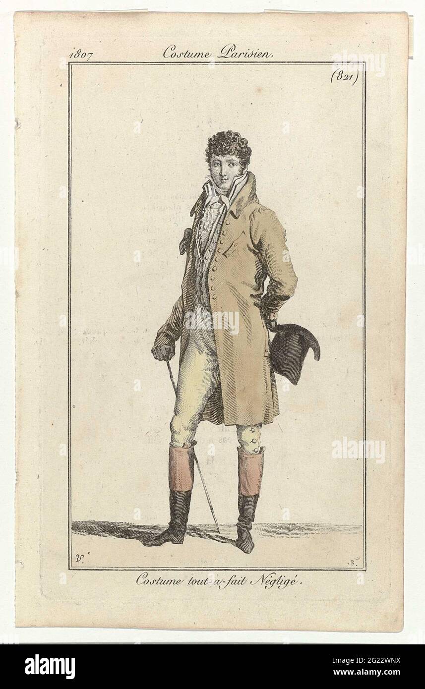 Journal des Dames et des Modes: Herrenmode. Das Journal des Dames et des Modes lieferte gelegentlich eine Berichterstattung über Männerstile. Diese Illustrationen geben ein gutes Bild von den Trends in der Herrenbekleidung von 1797 bis 1825. Im 18. Jahrhundert trugen die Herren Culotte (Kniehosen) 1. Diese fielen aus der Mode, als während der Französischen Revolution strenge Klassenunterschiede beseitigt wurden, die durch eine Art langer Hose, bekannt als pantalon à la Hussarde 2, ersetzt wurden. Diese wurden mit Husarenstiefeln getragen. ‘Pantaloons’ 3 waren Hosen, die mit einem elastischen Riemen unter dem Rist gezogen wurden. Carrick 4 Mantel Stockfoto