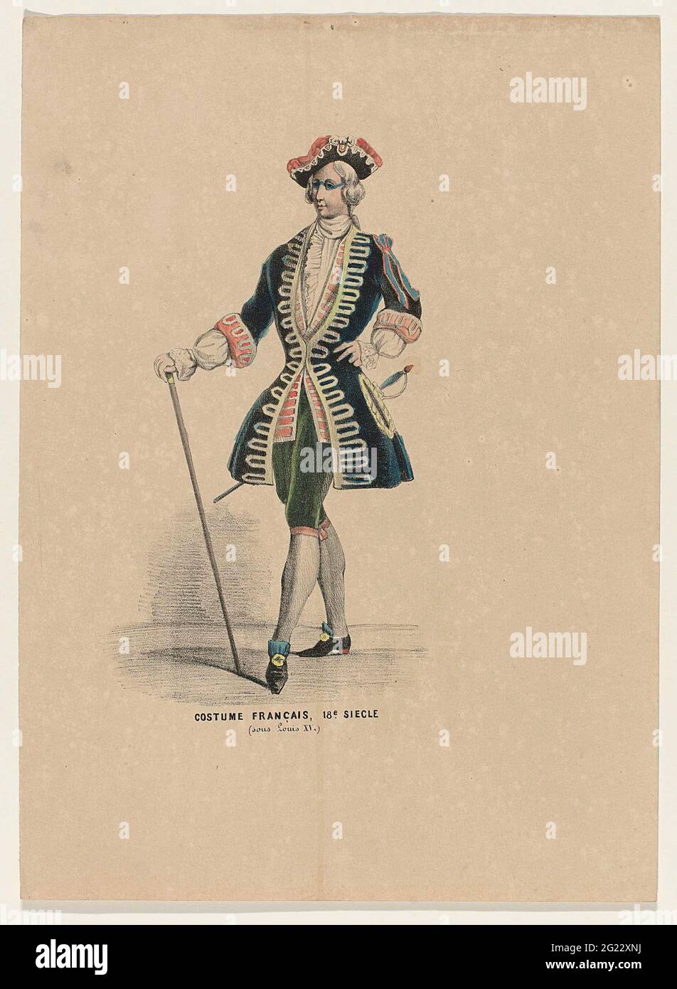 Kostüm Français, 18. Siècle (Sous Louis XV.). Mann in französischer historischer Tracht zur Zeit Ludwigs XV., 18. Jahrhundert. Am 26. Februar 1845 fand im Palast des Fürsten von Oranien (des späteren Königs Willem III.) in Den Haag eine Präsentation zum Blech über dem kostümierten Ball statt. Stockfoto