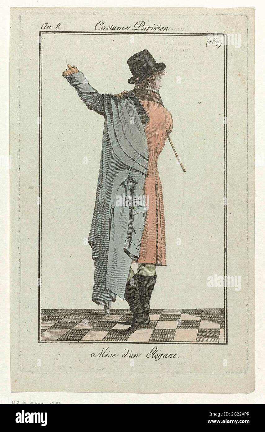 Journal des Dames et des Modes: Herrenmode. Das Journal des Dames et des Modes lieferte gelegentlich eine Berichterstattung über Männerstile. Diese Illustrationen geben ein gutes Bild von den Trends in der Herrenbekleidung von 1797 bis 1825. Im 18. Jahrhundert trugen die Herren Culotte (Kniehosen) 1. Diese fielen aus der Mode, als während der Französischen Revolution strenge Klassenunterschiede beseitigt wurden, die durch eine Art langer Hose, bekannt als pantalon à la Hussarde 2, ersetzt wurden. Diese wurden mit Husarenstiefeln getragen. ‘Pantaloons’ 3 waren Hosen, die mit einem elastischen Riemen unter dem Rist gezogen wurden. Carrick 4 Mantel Stockfoto