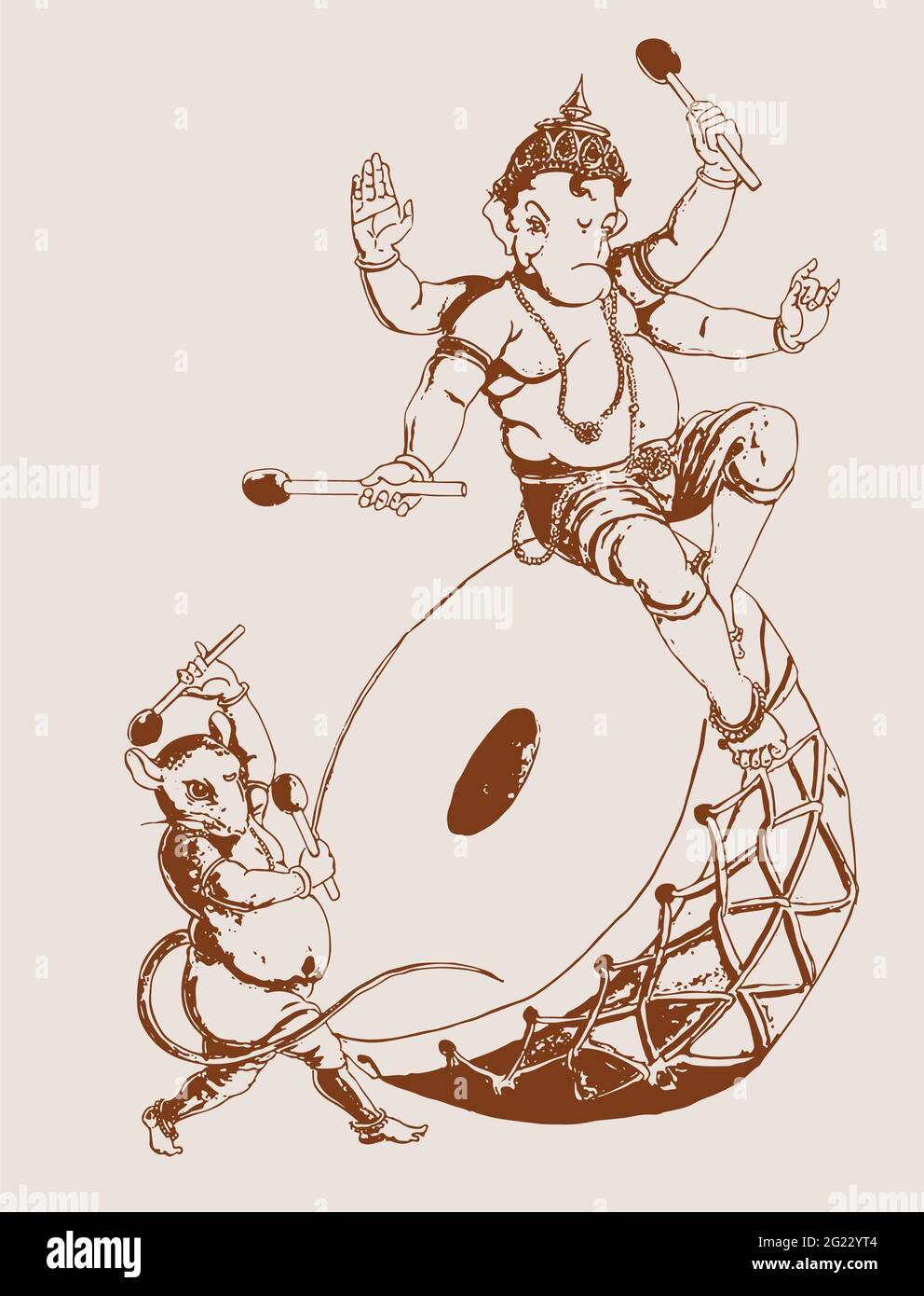 Zeichnung oder Skizze eines Lord Ganesha, der auf einer Trommel mit einer Ratte sitzt Stockfoto