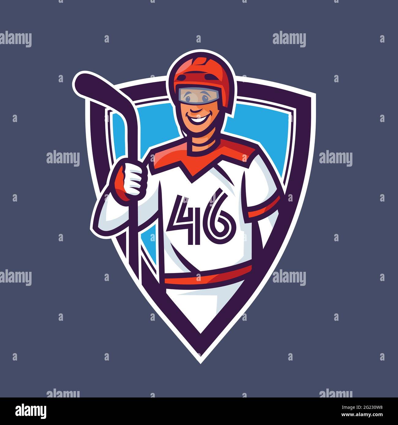 Hockeyspieler hält Stock. Sport-Konzeptkunst im Cartoon-Stil. Stock Vektor