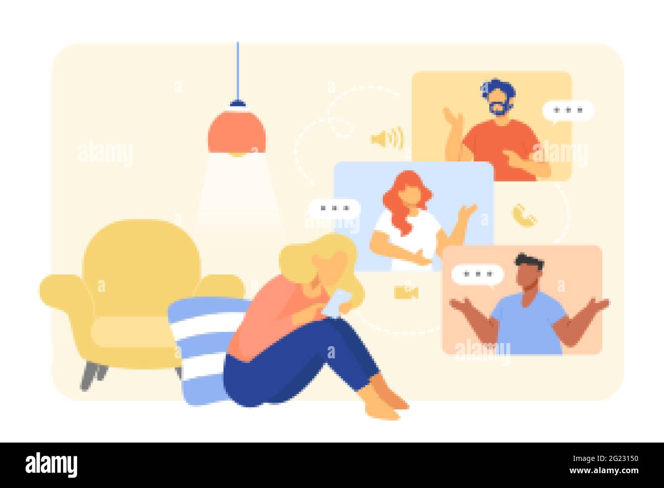 Flache Illustration einer jungen Frau, die zu Hause mit Freunden einen Videoanruf führt. Personen, die in Pop-up-Bildschirmen der Videoanrufschnittstelle zu sehen sind. Stock Vektor