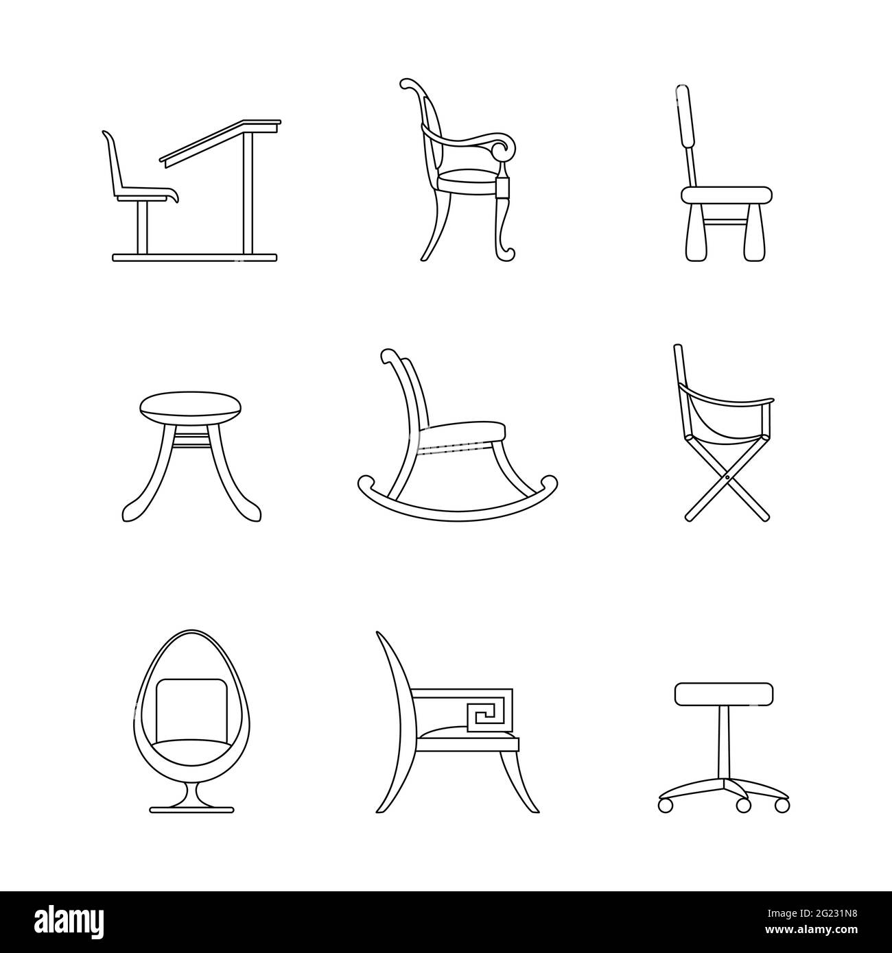 Satz von Line Icons Stühle. Verschiedene Optionen für Stühle und Sessel. Schwarze Umrisse von Innenräumen auf weißem Hintergrund isoliert. Computer, kinderl Stock Vektor