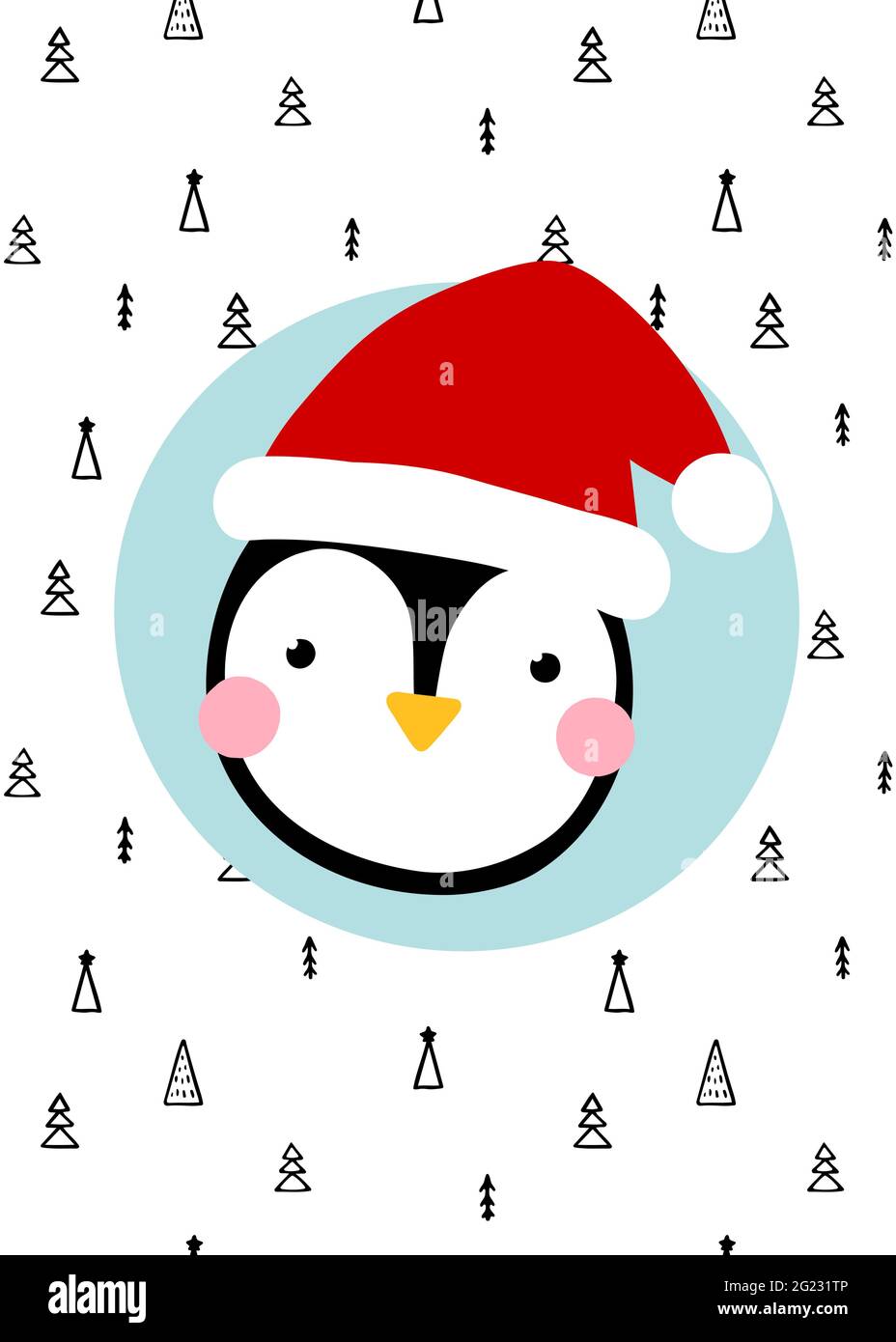 Niedliche skandinavische Weihnachtskarte. Das Gesicht des Pinguins in rotem Weihnachtsmütze. Handgezeichnete Doodle Weihnachtsbäume Hintergrund. Vektor gemütlich Weihnachten Illustration fo Stock Vektor