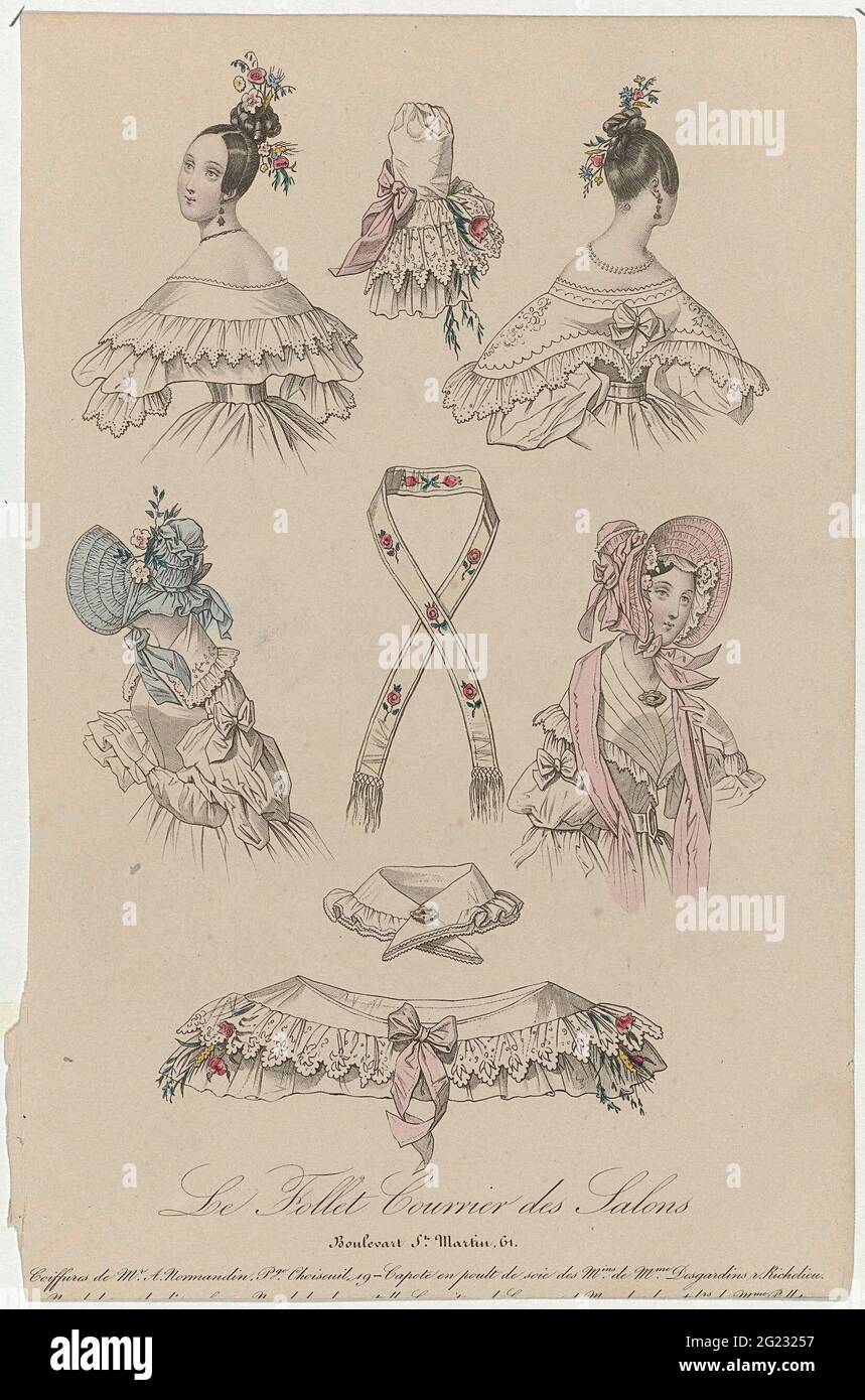 Le Follet Courriet des Salons, ca. 1833: Coiffures der M. A. Normandin (...) .. Vier Frauen, leicht selbst, um die herum ein Schal mit Blumenmuster und Fransen an den Enden, Kragen, Berthe. Laut der Bildunterschrift: 'Coiffures' von A. Normandin. 'Capote' von 'poult de SOIE' aus den Geschäften von DESGARDINS. Druck aus dem Modemagazin Le Follet Courriet des Salons (Novembre 1829- octobre 1882). Stockfoto