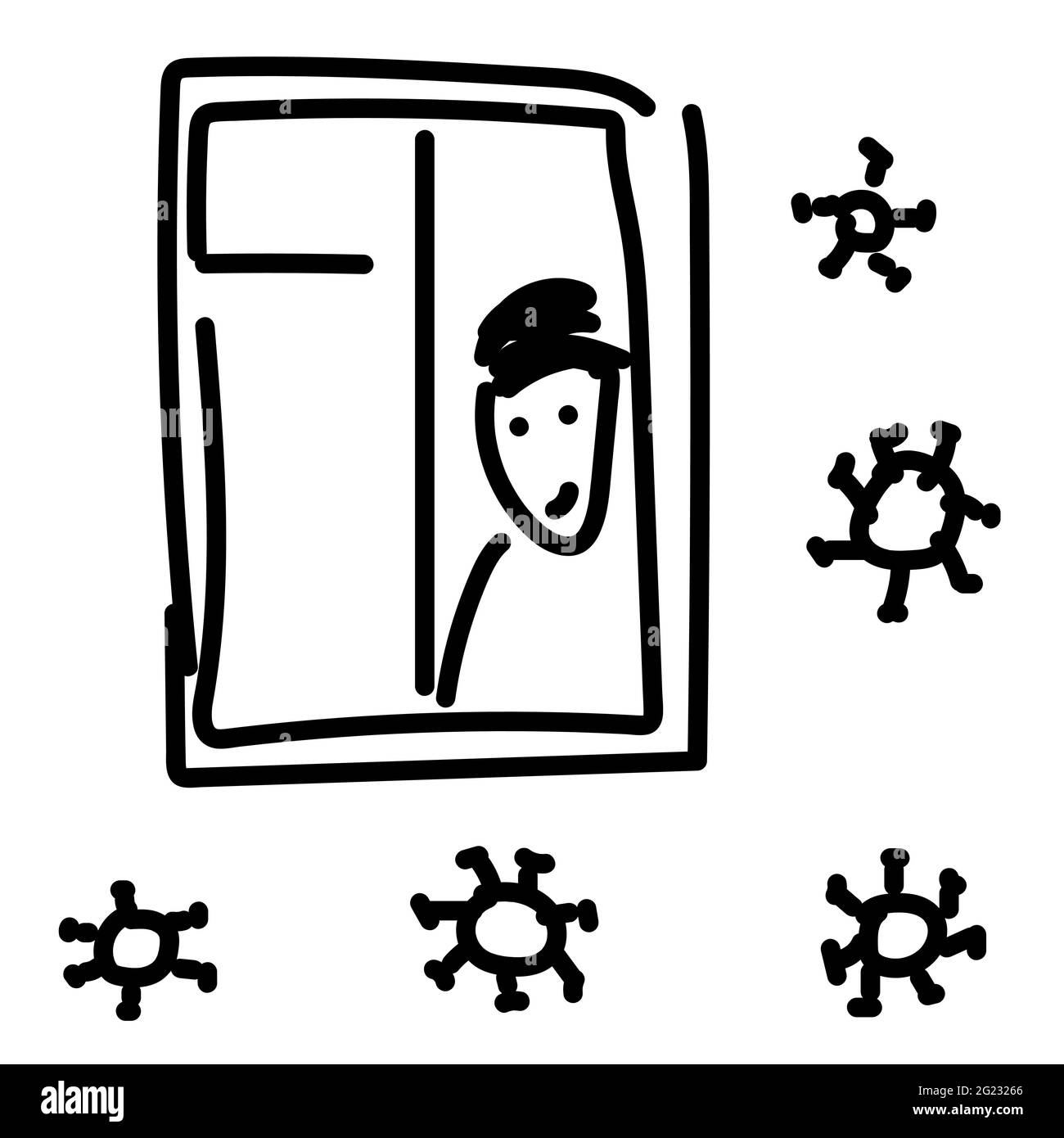Gesperrter Mann. Cartoon-Figur schaut aus dem Fenster. Eine Person, die sich vor dem pandemischen Coronavirus schützt. Covid-19 Quarantäne 2020. Doodle-Zeichen Stock Vektor