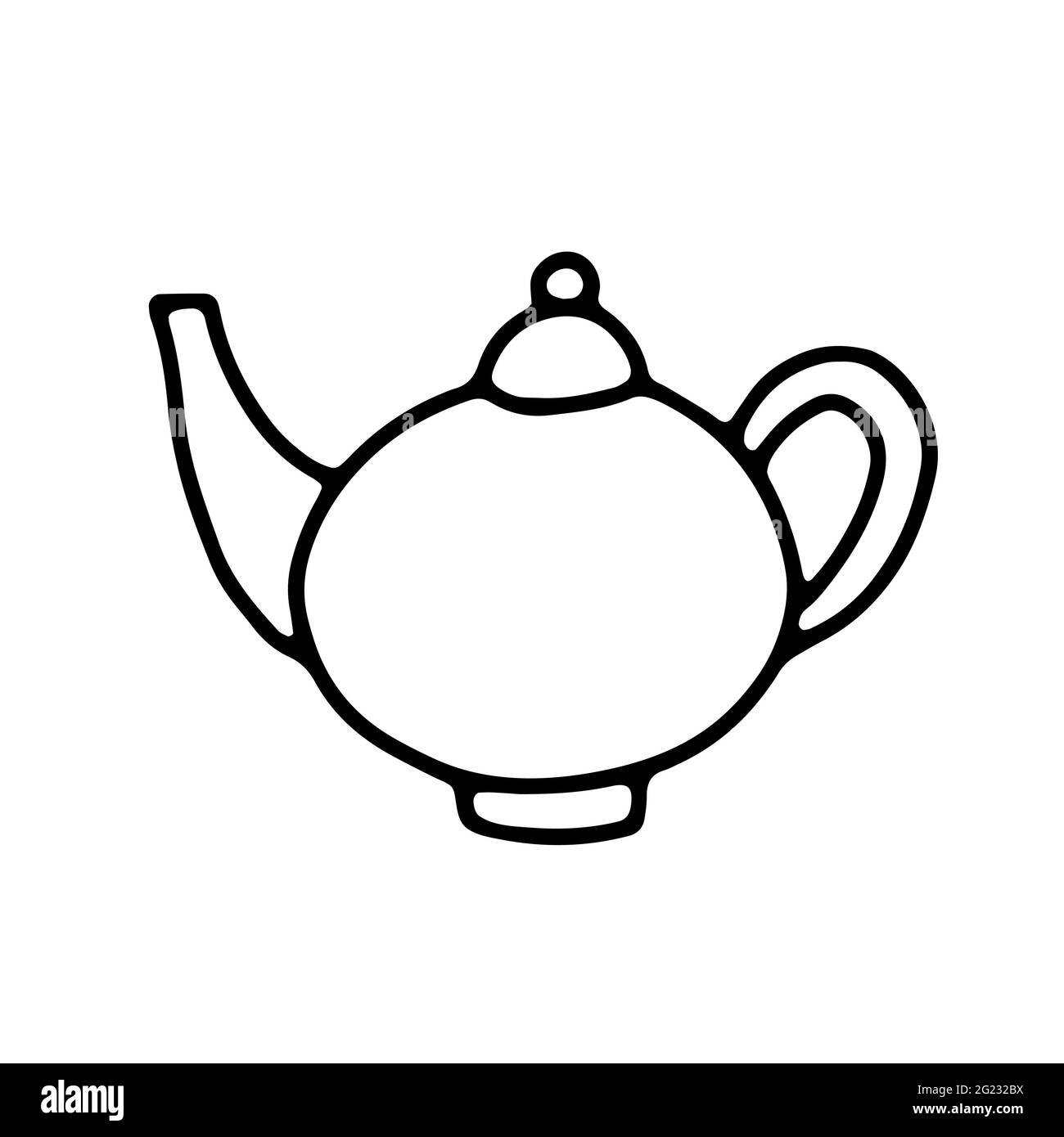 Doodle traditionelle handgezeichnete Teekannen. Umreißen Sie den Wasserkocher isoliert auf weißem Hintergrund. Gemütliche Küchenutensilien, niedliche Küchenutensilien, Geschirr für Tee, Kaffee, dr Stock Vektor