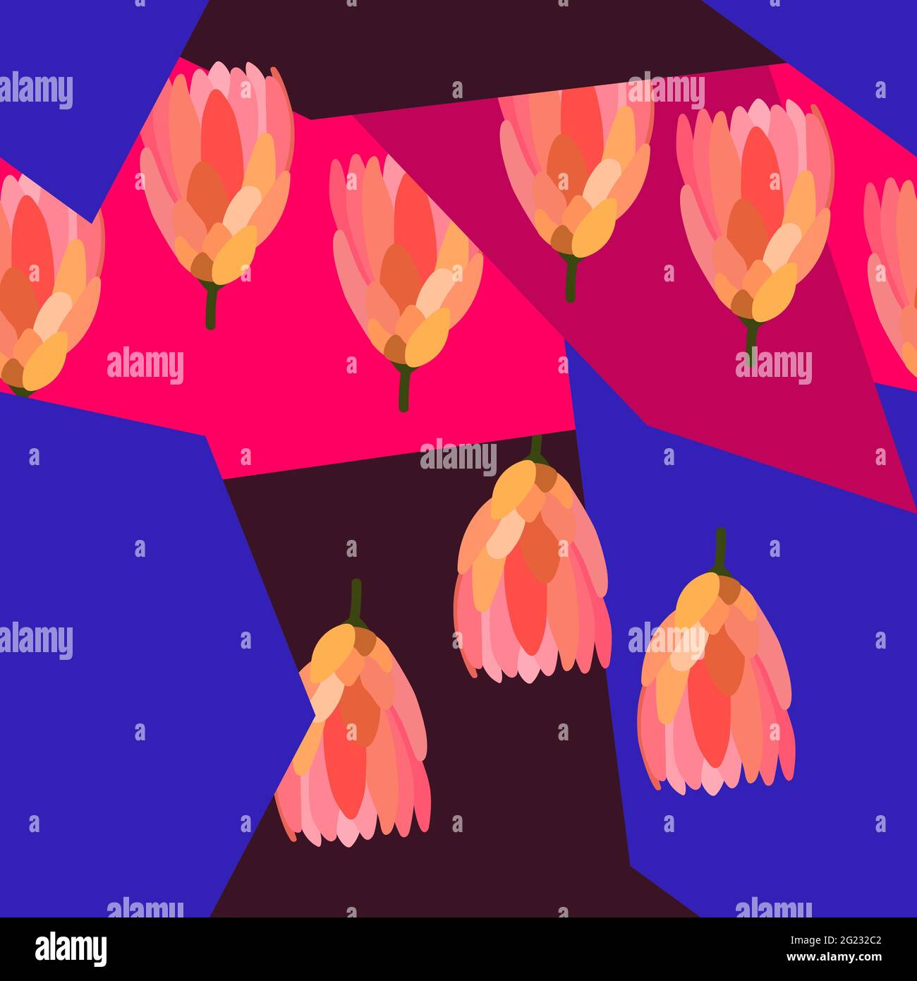 Nahtloses Vektor-Muster. Rosa Blüten auf klassisch blauem, violettem Polygonen-Hintergrund. Linien, Blumen, Pflanzen Illustration für Geschenkpapier, Karte Stock Vektor