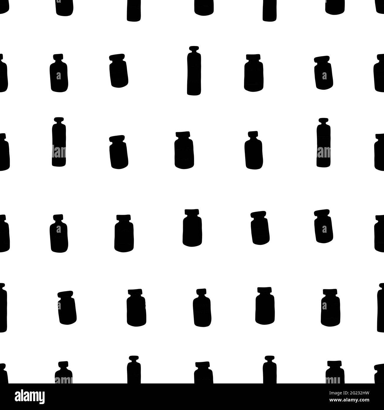 Nahtloses pharmazeutisches Muster. Schwarze Silhouette von Medikamentenflaschen isoliert auf weißem Hintergrund. Pakete mit Medikamenten, Impfstoffen, Vitaminen, Antib Stock Vektor