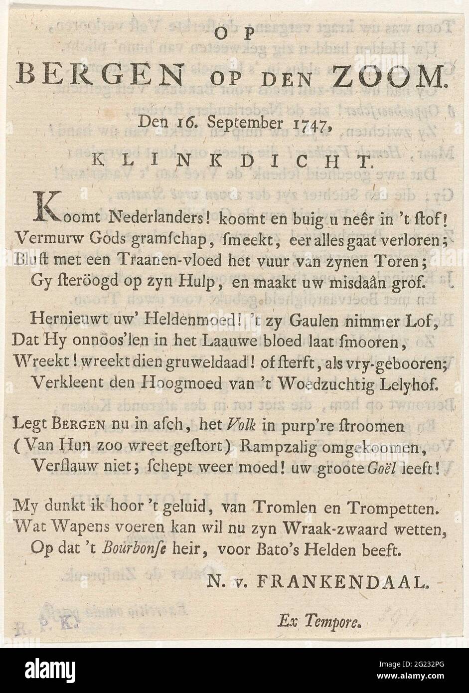 Frisch im Herbst von Bergen op Zoom, 1747; auf Bergen am Saum. Auf 16. September 1747. Textblatt mit einer Niete über den Fall von Bergen op Zoom von den Franzosen im Juli-September 1747. Blatt aus einem Buch entnommen und beidseitig bedruckt. Stockfoto