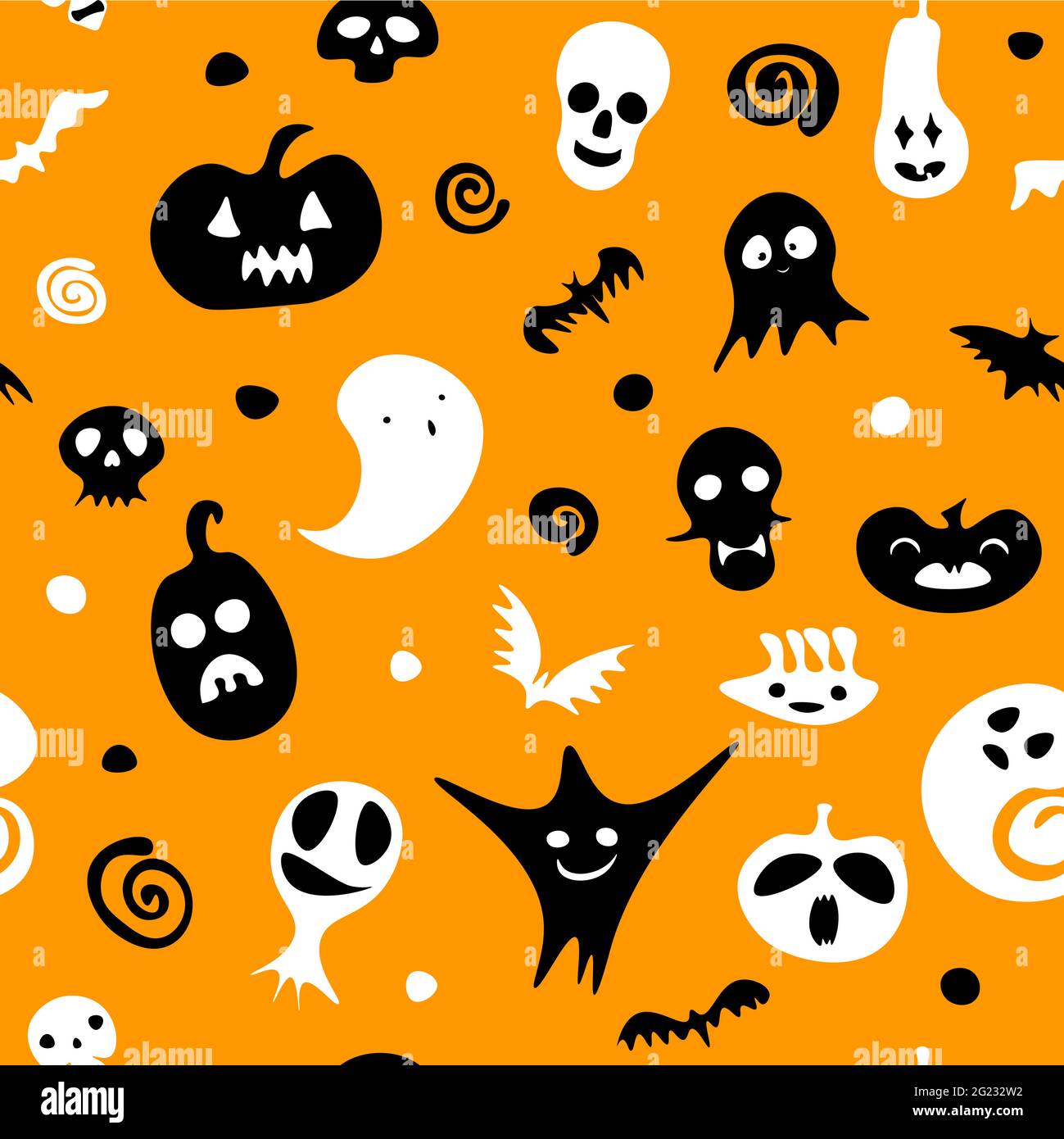 Nahtloses Happy Halloween Muster. Schwarz-weißer Geist, Kürbis, Skelett, Schädel auf orangefarbenem Hintergrund. Niedliche gruselige Horror-Charaktere für Herbstferien Stock Vektor