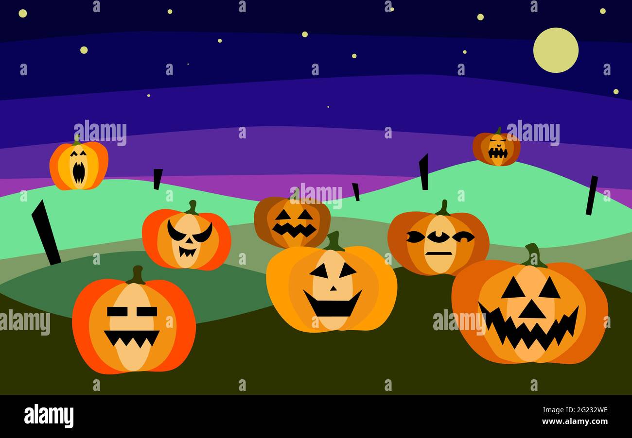 Halloween-Banner mit Kürbissen auf dunklem Nachthintergrund. Herbstlandschaft. Figuren mit beängstigenden Gesichtern, Himmel, Sternen, Mond, Feld, Kürbisse Happy Ha Stock Vektor
