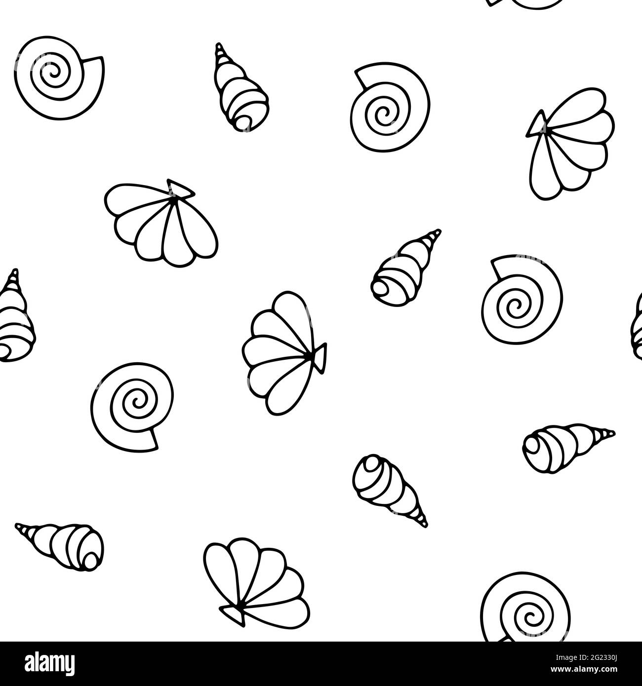 Seashells Nahtloses Vektor-Sommermuster. Schwarze Umrisse von Meeresschnecken isoliert auf weißem Hintergrund. Illustration mit zufälliger Schale für Tapete, wickeln Stock Vektor