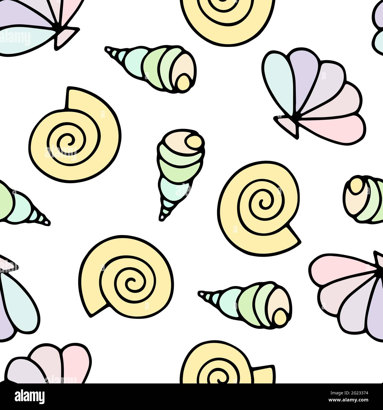Seashells nahtloses Vektor-Zeichenmuster. Cartoon Farbe Seeschnecken isoliert auf weißem Hintergrund. Zufällige Muscheln aquatische Illustration für Tapete, wr Stock Vektor