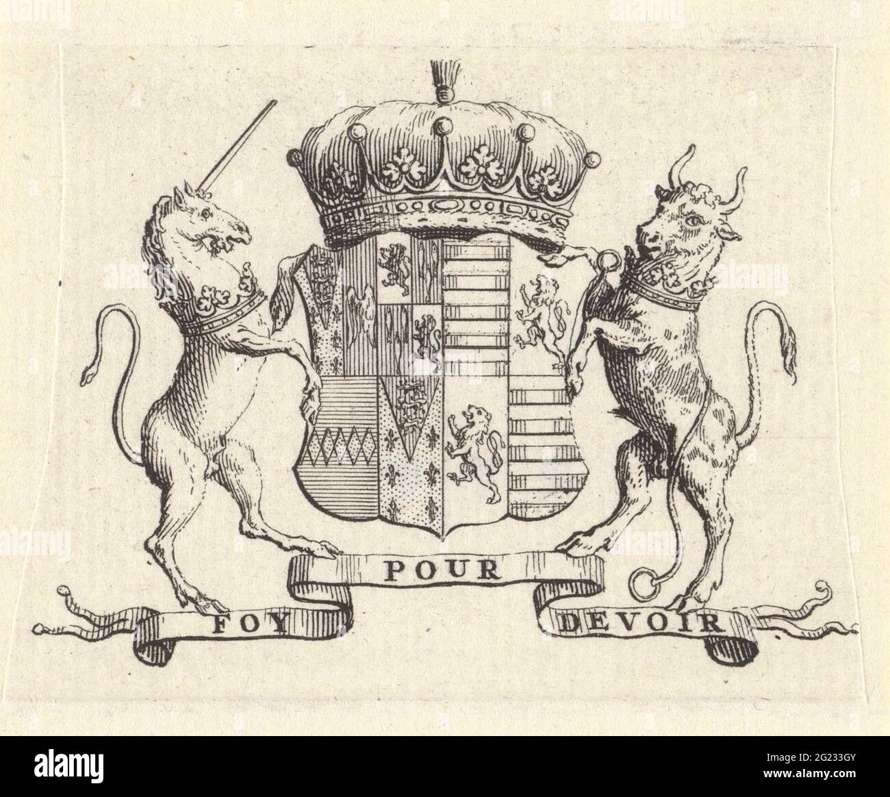 Wappen flankiert von Einhorn und Stier. Gekröntes Wappen, flankiert von