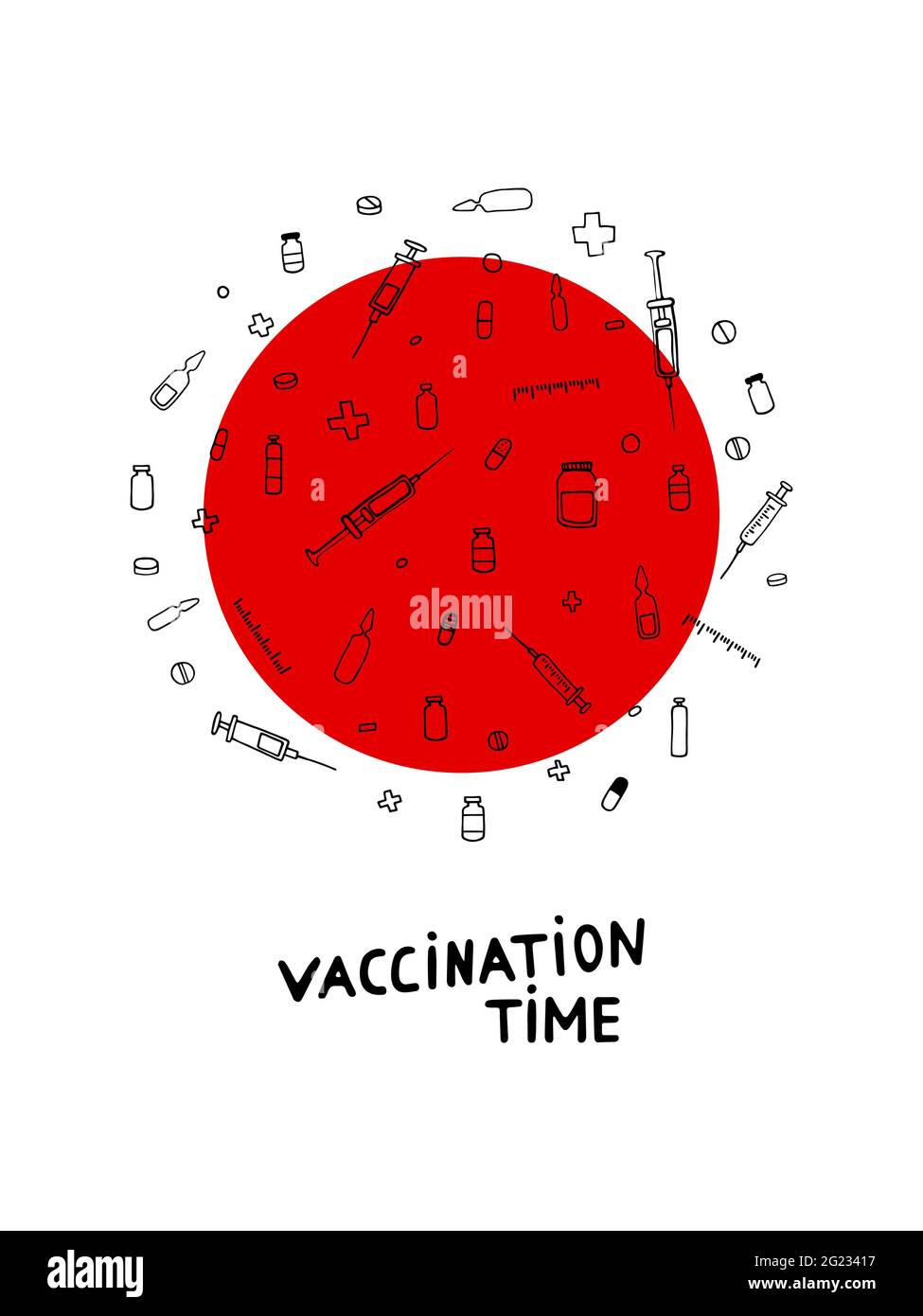 Zeit für die Impfung. Vektor-Illustration mit Umriss schwarze pharmazeutische handgezeichnete Elemente auf weißem Hintergrund mit einem roten Kreis Stock Vektor