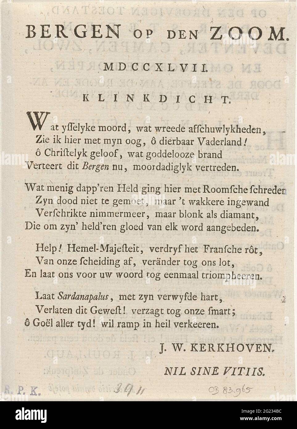 Frisch auf der Spitze von Bergen op Zoom, 1747; Berge am Saum. MDCCXLVII. Textblatt mit einem Niet zum Belag von Bergen op Zoom durch die Franzosen im Juli-September 1747. Blatt aus einem Buch entnommen und beidseitig bedruckt. Stockfoto
