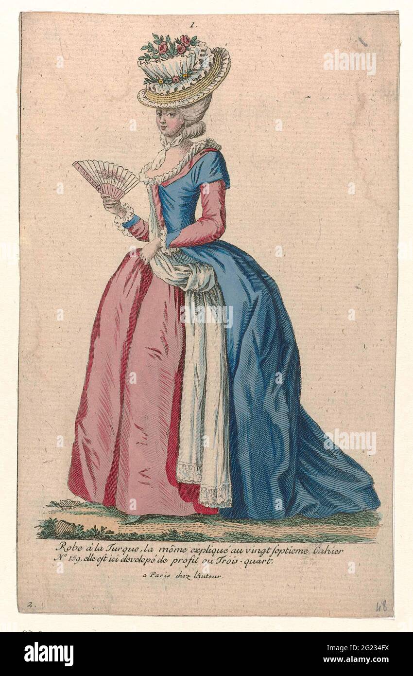 Gallery des Modes et Costumes Français, 1785, no 1, nein 2, Kopie zu FF  175: Robe a La Turqu (...). Stehende Frau in einer 'Robe à Laturque'. JAP  mit kurzen Ärmeln und