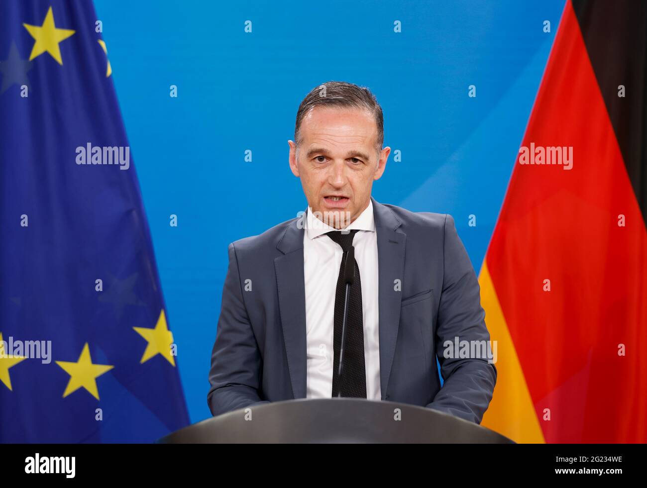 Berlin, Deutschland. Juni 2021. Nach dem Treffen der Außenminister des Berliner Prozesses (Westbalkan) hält Außenminister Heiko Maas (SPD) eine Pressekonferenz im Außenministerium ab. Quelle: Axel Schmidt/reuters-Pool/dpa/Alamy Live News Stockfoto