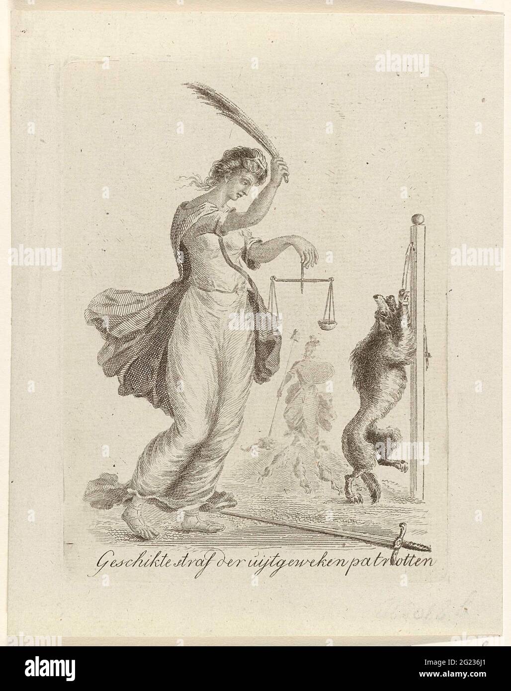 Justice cleared a Keeshond, 1787; angemessene Bestrafung der ijntewoek-Patrioten. Karikatur auf Patrioten, nach der Wiederherstellung des Prinzen von Oranien im Jahr 1787. Justice zeigte einen Keeshond, der mit seinen Vorderbeinen an einen Pfosten gebunden ist. Im Hintergrund greift Keeshonden die Freiheit an. Stockfoto