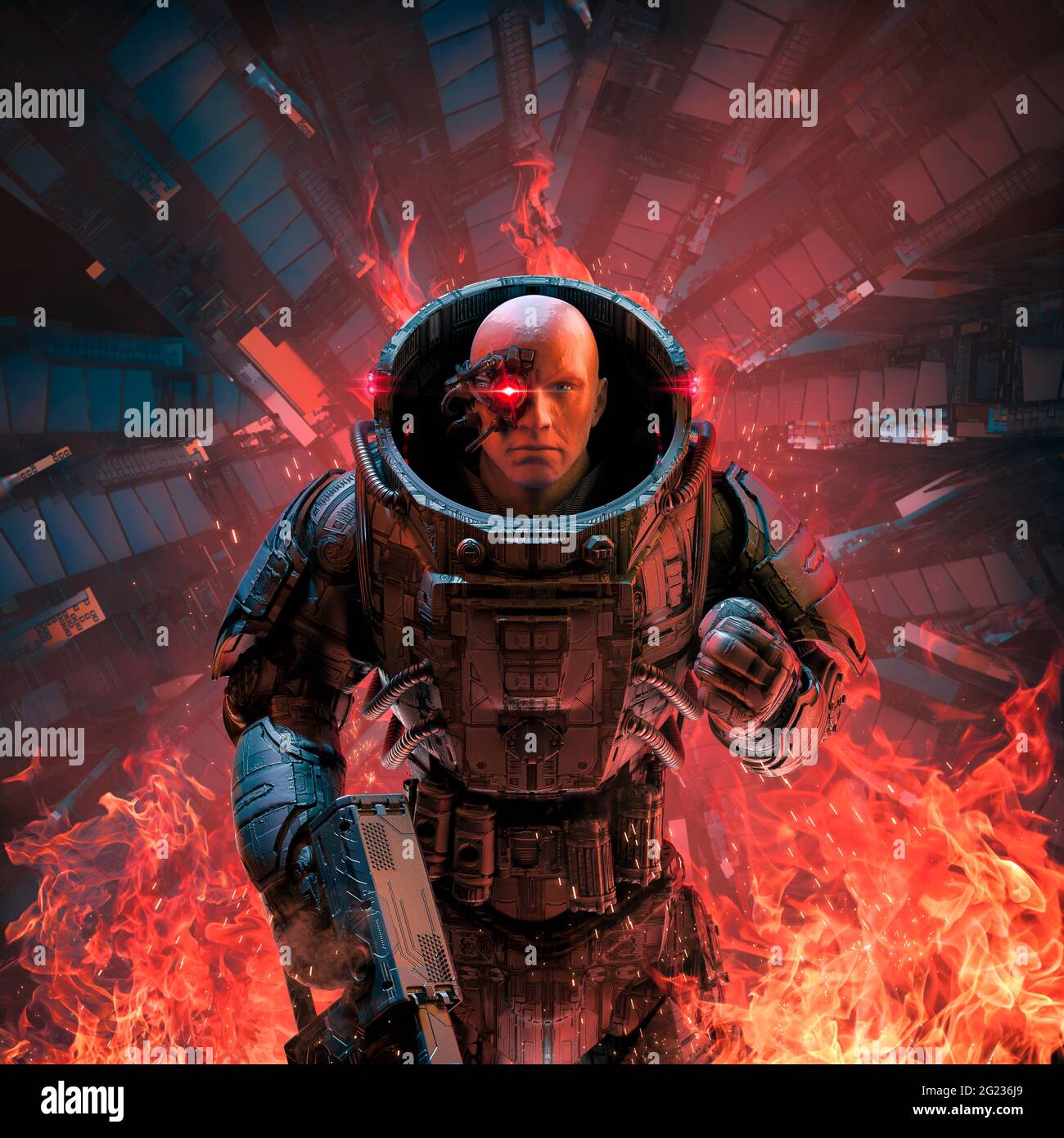 Cyberpunk Soldier Inferno / 3D-Illustration des Science-Fiction-Militärroboter-Kriegers, der inmitten von Flammen im brennenden Raumschiff steht Stockfoto