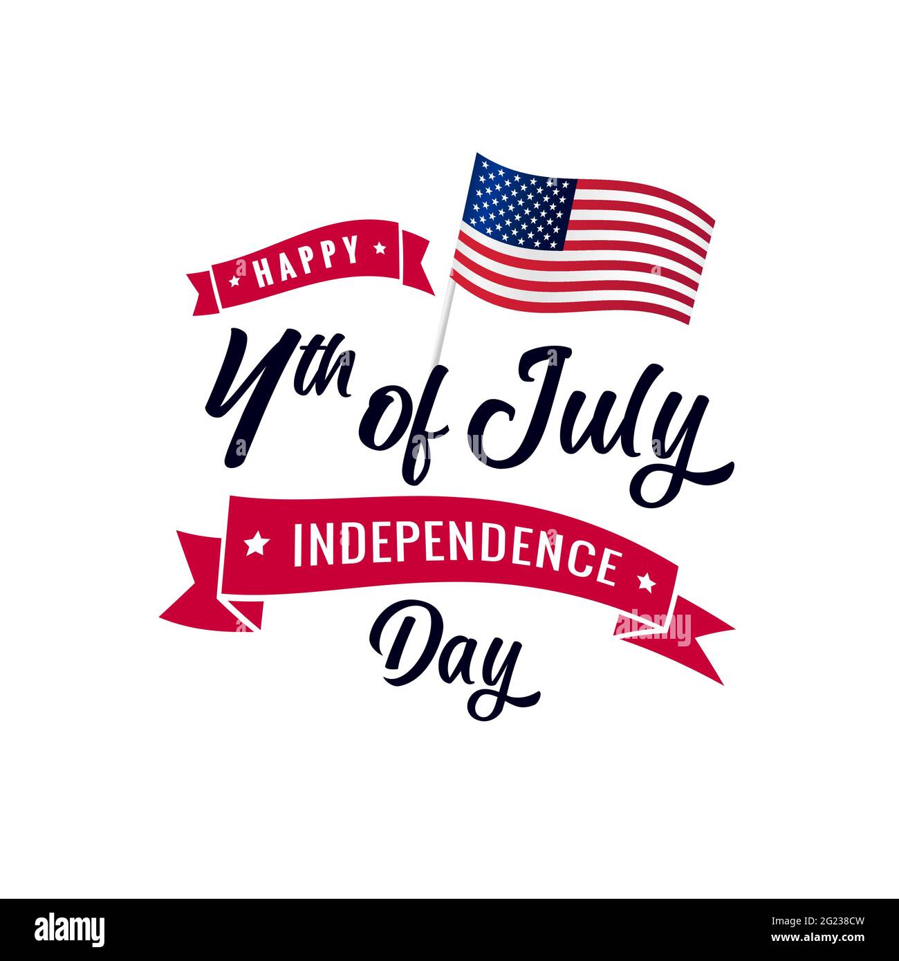 4. Juli Kalligraphie rotes Band und US-Flagge. Hintergrund des 4. Juli - Vektorgrafik zum amerikanischen Unabhängigkeitstag Stock Vektor