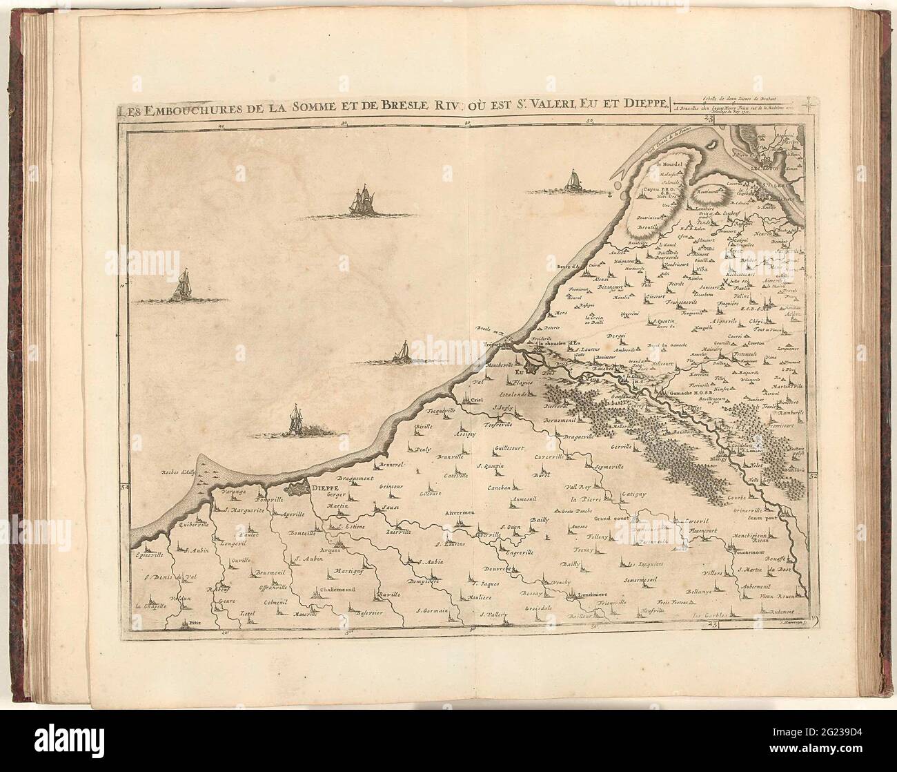 Karte der Nordfranzösischen Küste mit den Mündungen der Somme und Bresle, 1710; Les Embouchures de la Somme et de Bresle Riv, Ou Est St. Valeri, EU et Dieppe. Karte der Nordfranzösischen Küste mit den Mündungen der Flüsse Somme und Bresle, 1710. Teil einer gebündelten Sammlung von Plänen von Schlachten und Städten, die im spanischen Erbfolgekrieg bekannt waren. Diese Platte gehört zu den ersten 24 Platten, die zusammen eine sehr große Karte der südlichen Niederlande bilden. Stockfoto