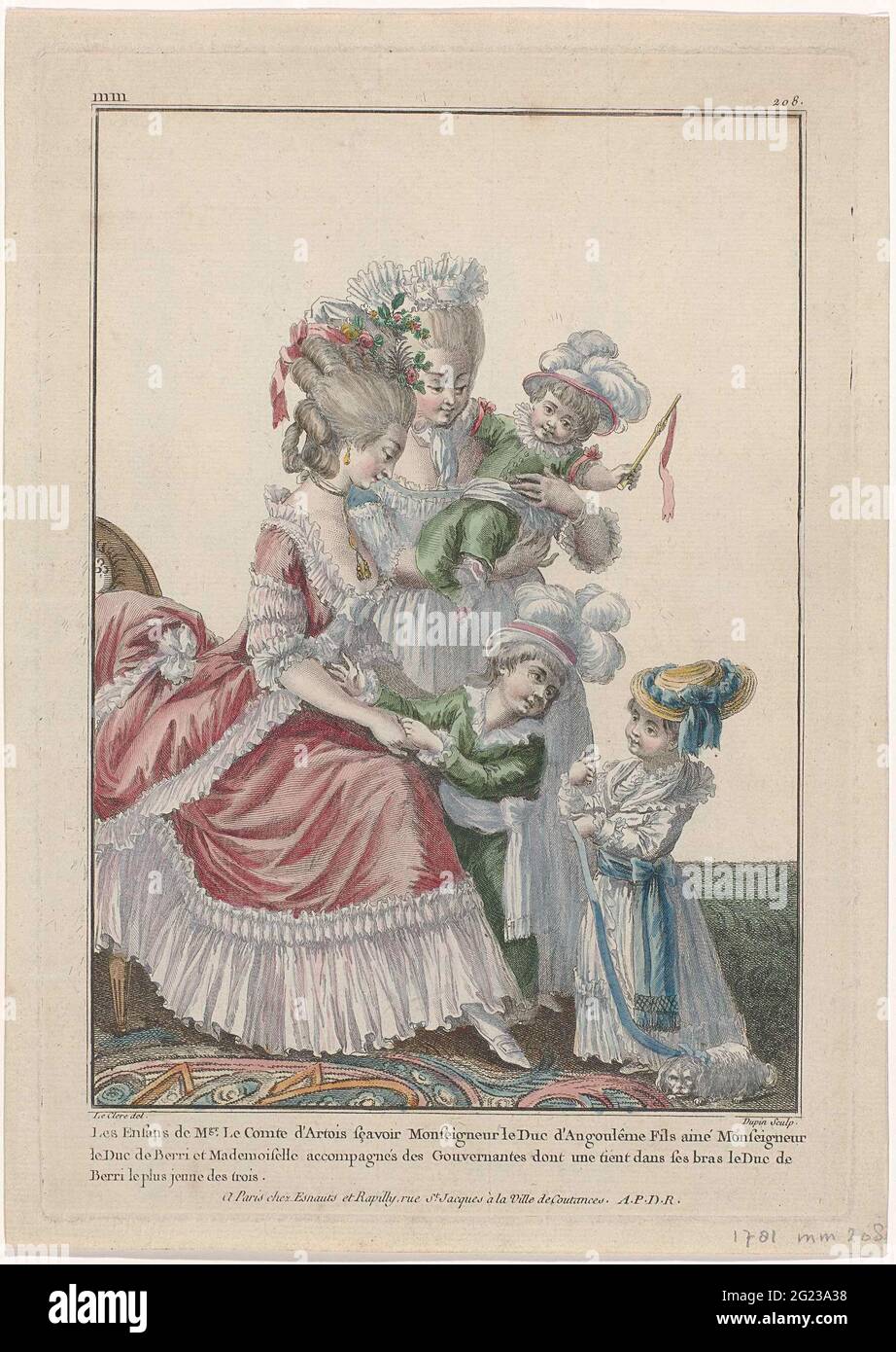 Gallery des Modes et Costumes Français, 1781, mm 208: Les Enfants de Mgr.le Comte d'Artois (...). Zwei Statthalter und die Kinder des Grafen von Artois, des Herzogs von Angoulême und des Herzogs von Berri. Die Frau, die auf dem Stuhl sitzt, ist mit einem 'Robe à la Polonaise' mit 'Manzen und Sabot' bekleidet. Accessoires: Hut mit Band und Blumen, Ohrringe, Halskette, Schuhe mit Fersen und Schnallen verziert. Die stehende Frau mit Kind auf dem Arm ist in ein Kleid mit „Manzen und Sabot“ gekleidet. Zubehör: hut und geknüpftes Halstuch. Die beiden Jungen tragen beide einen Matrosenanzug mit Faltenkragen und Manschetten. Zugriff Stockfoto