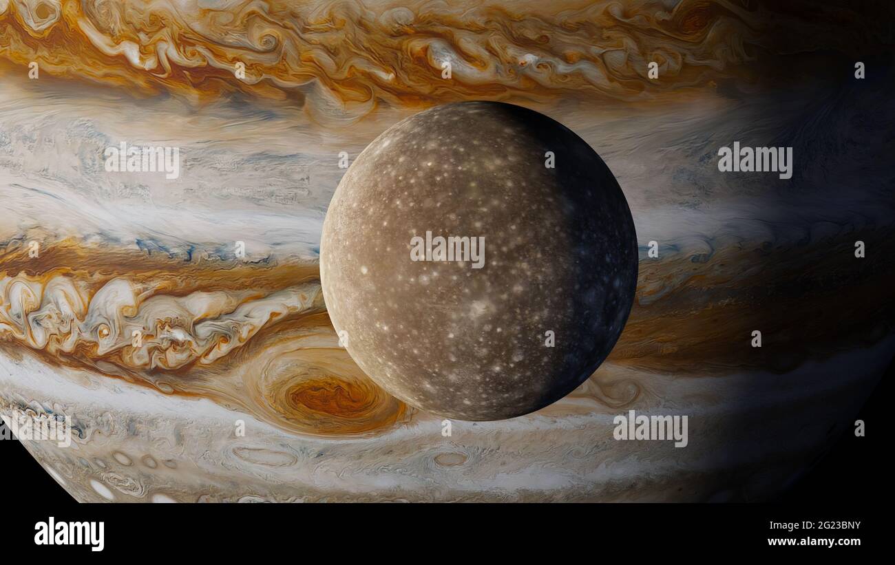 Callisto mit Jupiter im Hintergrund Stockfoto