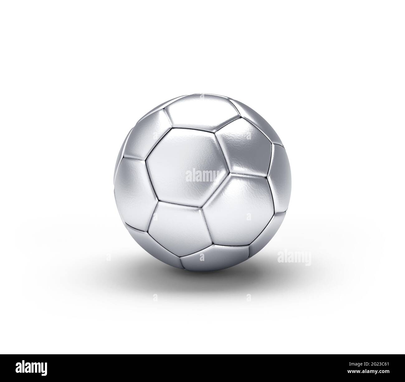 Silberner Fußball isoliert auf weißem Hintergrund. 3D-Illustration. Stockfoto