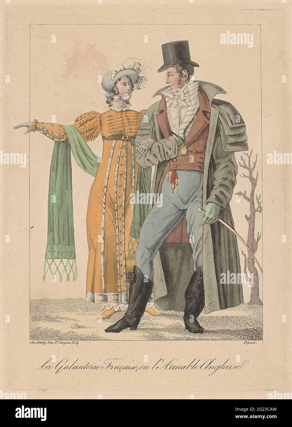 Französische Gallanterie oder englischer Charme. Dieses Paar ist elegant nach dem Stil von um 1812 angeordnet. Der umreissende Franzose trägt den beliebten Carrick-Mantel mit Dreifachkragen sowie einen weißen Krabbenmantel, der in einem großen Knoten gebunden ist. Seine formschlüssigen Pantalons zeigen seine athletischen Beine zu ihrem besten Vorteil. Die Engländerin ist treffend in ein redingote gekleiden, ein langes Fell englischen Ursprungs, dessen Stoff so fein ist, dass es sich an jede Kurve herbreiter Hüften und schwerer Oberschenkel anpasst. Stockfoto
