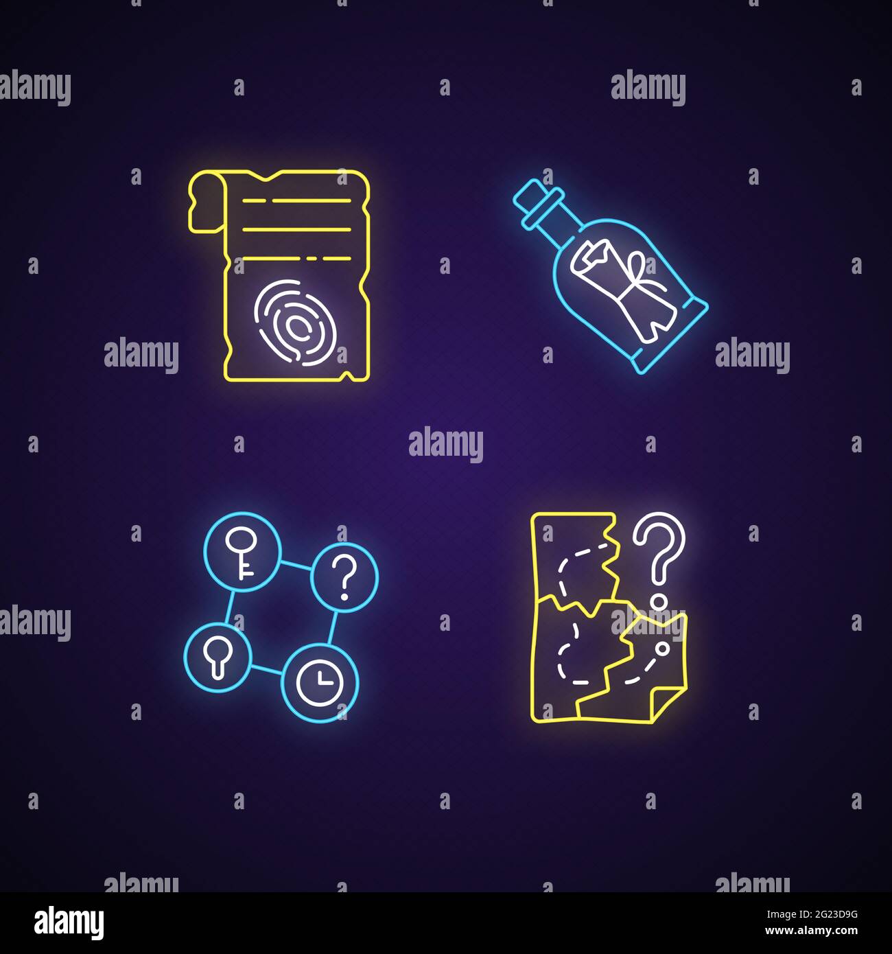 Mystery Quest Neonlicht-Ikonen gesetzt Stock Vektor