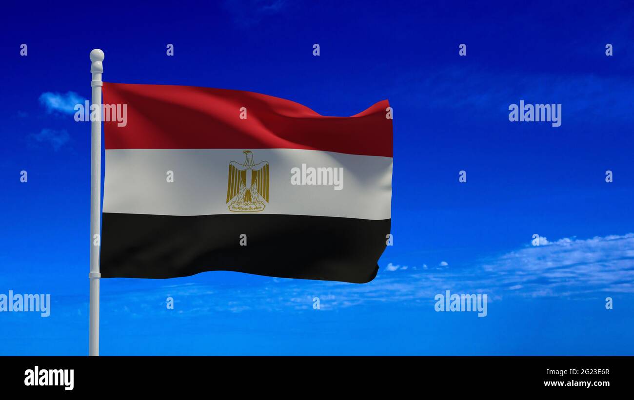 Arabische Republik Ägypten Nationalflagge, winkend im Wind. 3d-Rendering, CGI Stockfoto