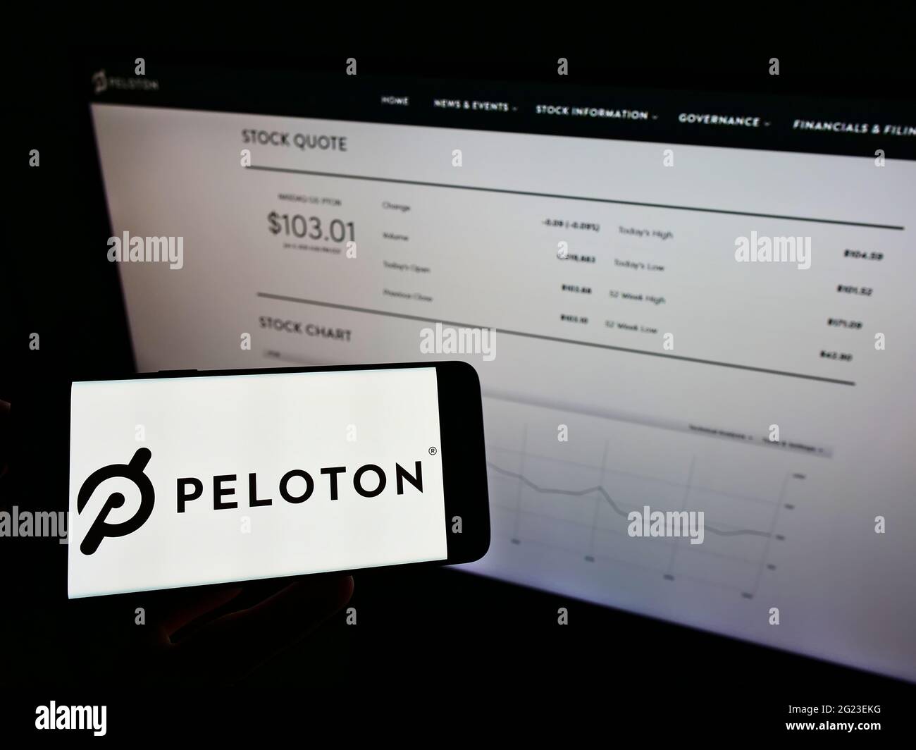 Person, die das Smartphone mit dem Logo des US-Unternehmens peloton Interactive Inc. Auf dem Bildschirm vor der Website hält. Konzentrieren Sie sich auf die Telefonanzeige. Stockfoto