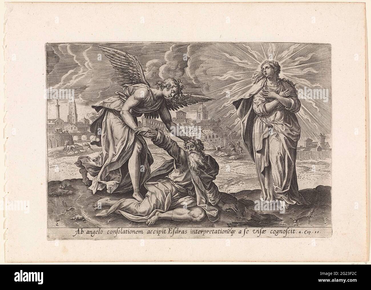 Zweite Vision von Ezra: Ezra getröstet durch den Engel; Visionen von Ezra; Thesaurus Sacrarum historiarum Veteris Testamenti (...). Der Engel tröstet Ezra und hilft ihm Uriël. Zusätzlich zu Esra seine Vision von der strahlenden Frau Zion. Wenn sie verschwindet, baute Ezras Stadt im Hintergrund. Unter der Show eine Referenz in Latein auf die apokryphen Bibel Text in 4 Esra 10. Stockfoto