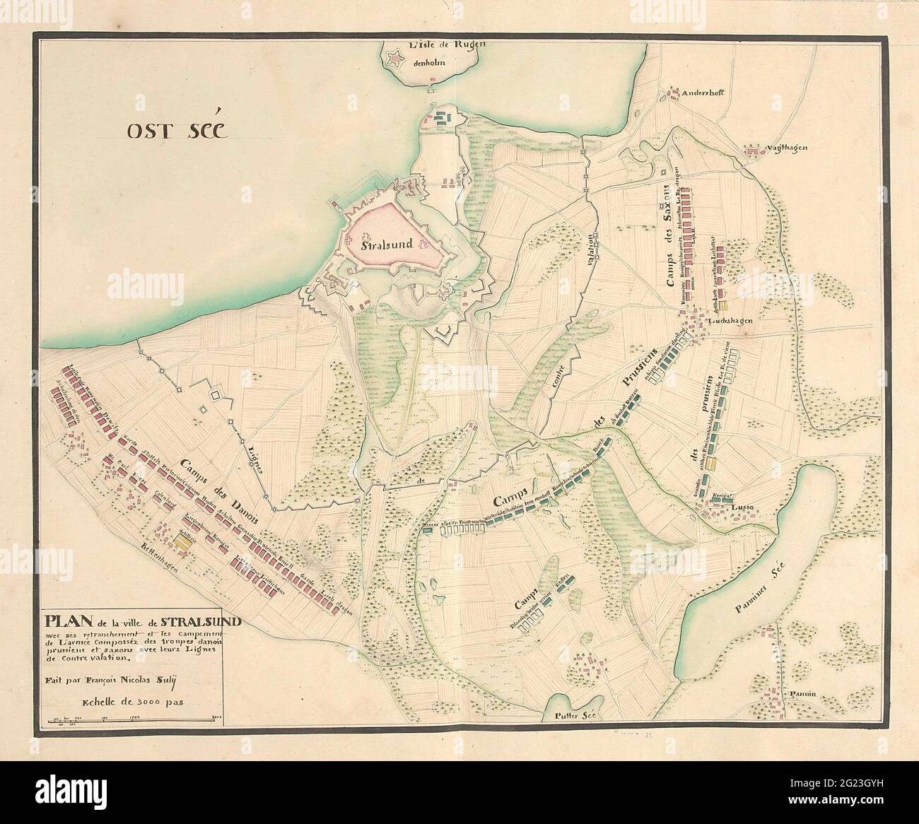 Belagerung von Stralsund, 1715; Plan De La Ville De Stralsund. Karte der Belagerung der Stadt Stralsund durch dänische, preußische und sächsische Truppen, Oktober 1715. Ein Buchstabe gehört zur Karte. Teil einer Sammlung von signierten Plänen von verstärkten Orten in den Niederlanden und den umliegenden Ländern zur Zeit des Spanischen Erbfolgekrieges und des Großen Nordischen Krieges (Teil B). Stockfoto