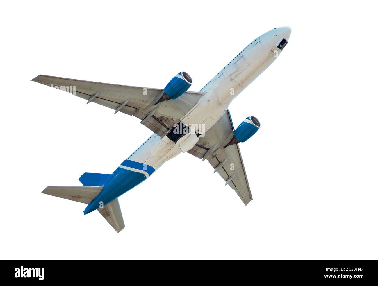 Weiße Ebene isoliert auf weißem Hintergrund. Das Charterflugzeug fliegt. Stockfoto