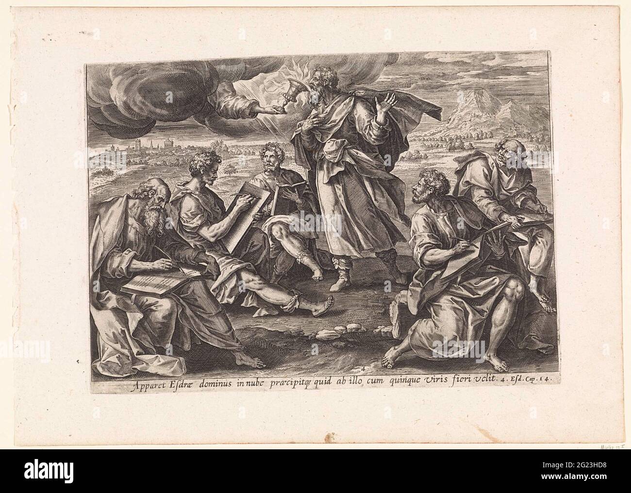 Ezra trinkt den Becher des Wissens und der Weisheit; Visionen von Ezra; Thesaurus Sacrarum historiarum Veteris Testamenti (...). Esra ging mit fünf Männern auf den Platz und wird von Gott einen feurigen Kelch angeboten, aus dem er trinkt. Dies ist der Kelch des Wissens und der Weisheit. Die fünf Männer schreiben die Worte, die Ezra sagen. Unter der Show eine Referenz in Latein auf die apokryphen Bibel Text in 4 Esra 14. Stockfoto